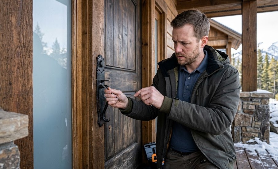 Cerrajero reparando cerradura rústica en casa de Güéjar Sierra